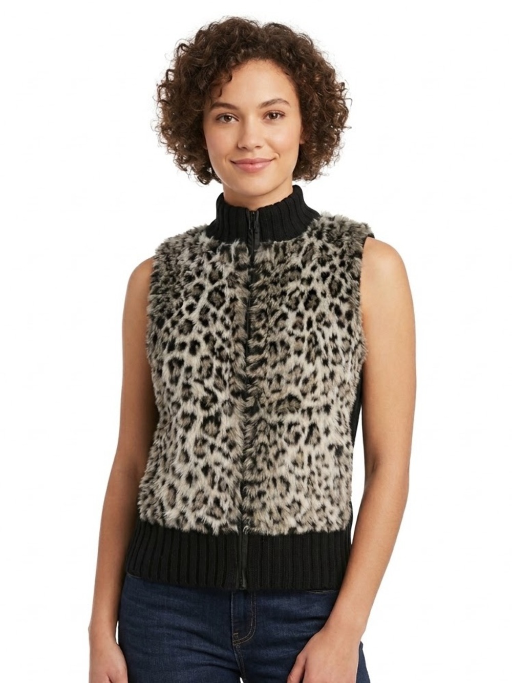 Derek Heart Women’s Size M Faux Fur Leopard Print Sweater Vest Full Zip Medium
